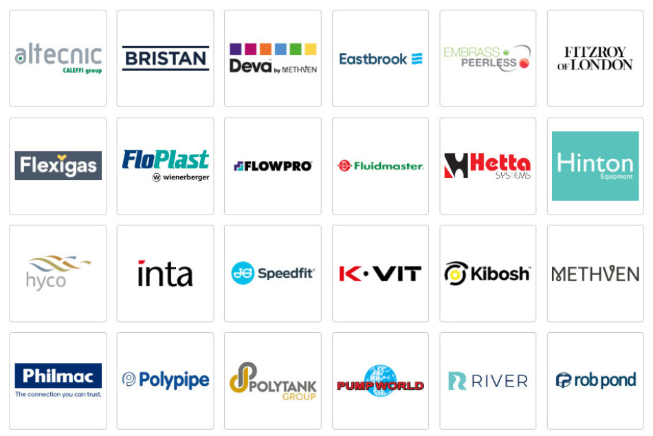 Various logos displayed on a white background, showcasing different plumbing, heating and bathroom brands.